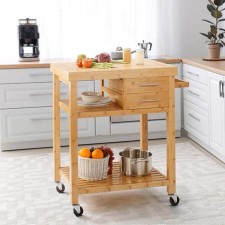 餐廳移動實木餐車-簡約廚房家用多功能雙層手推車收納置物架子商用(T4932)