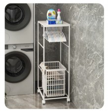 洗衣機旁置物架-家用衣架收納架可移動夾縫髒衣籃衣撐一體收納筐(T7547)