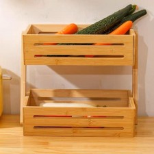 竹制水果面包雙層置物籃-枱面簡約雜物收納筐竹木家用零食蔬菜籃置物架(T3642)