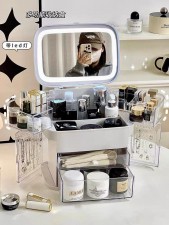 多功能化妝品收納盒-大容量梳妝台收納櫃透明簡約輕奢化妝箱補光燈鏡子女(T8375)