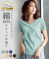 抗UV 100%純棉雙面羅紋織V領短袖Tee (日本女裝) (T3421N)