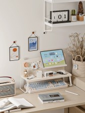 奶油風格洞洞板枱面置物架-台面平板電腦增高架宿舍辦公室書桌收納架(T6051)