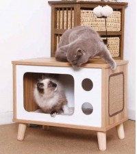 電視機貓爬架/小型實木貓架/貓窩可拆洗/貓窩貓跳台/貓喵小家具(T1382).