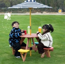 戶外野餐連體桌椅(1枱4椅+太陽傘)-室內外小朋友兒童家具幼兒園桌子凳套裝露營地遮陽傘(T6916)