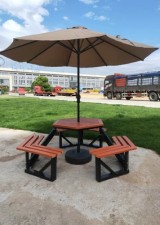 六邊形戶外組合連體桌椅-公園塑木連體桌社區活動棋盤鐵藝創意簡約座椅(T6208)